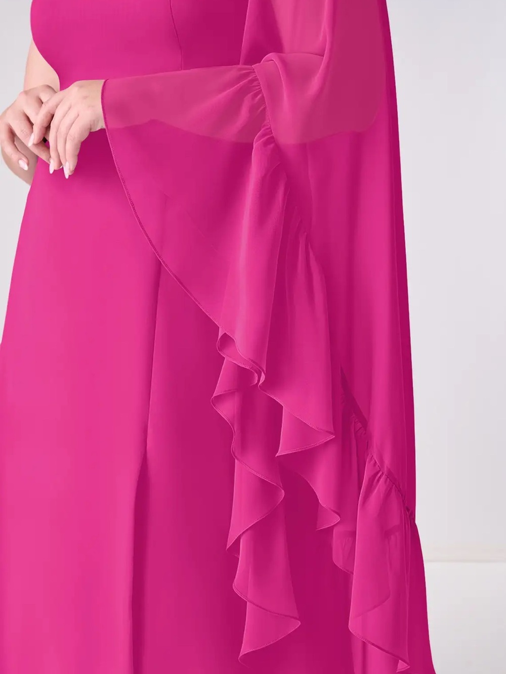 Azazie One-Shoulder Fuchsia Gown with Ruffle Sleeve - Picture 4 of 6